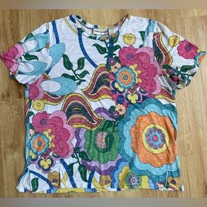 Vintage groovy tee shirt 1X colorful retro floral rainbow colors Cathy Daniels